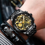 Ефектен бизнес мъжки часовник в златен, черен, сребърен и хромиран цвят, водоустойчив със светещи в тъмното стрелки 